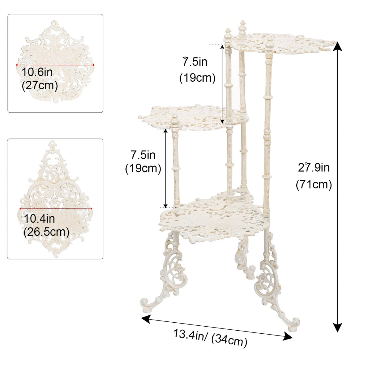 Sungmor Vintage Cast Iron 3-Tier Plant Stand, 28 Inch Tall, Antique White