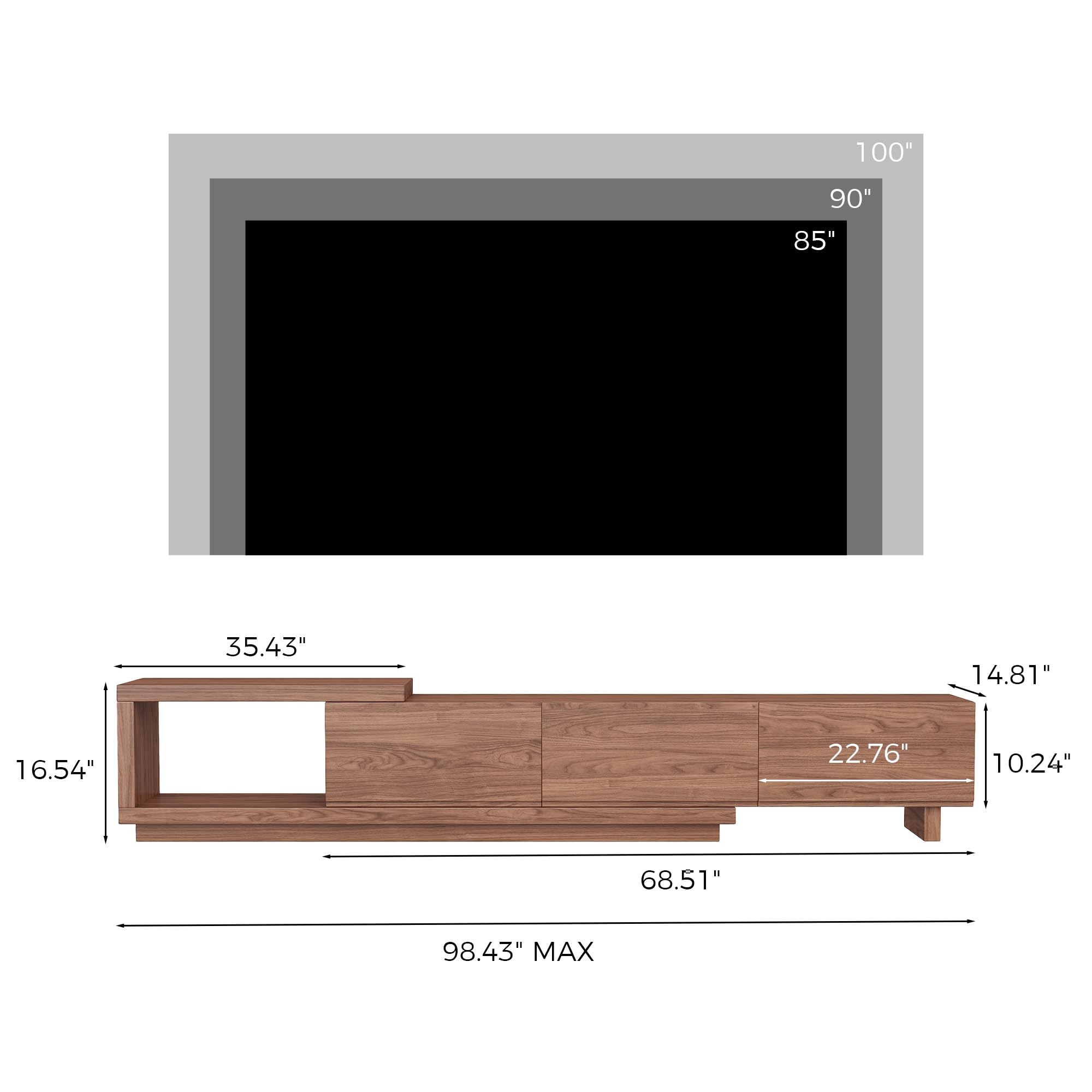 Extendable TV Stand for 65-100 Inches TVs – Walnut Entertainment Console with 3 Drawers & 1 Storage Compartment, Adjustable Length 68.5''-98.4'' (Walnut, 68.5''-98.4'')
