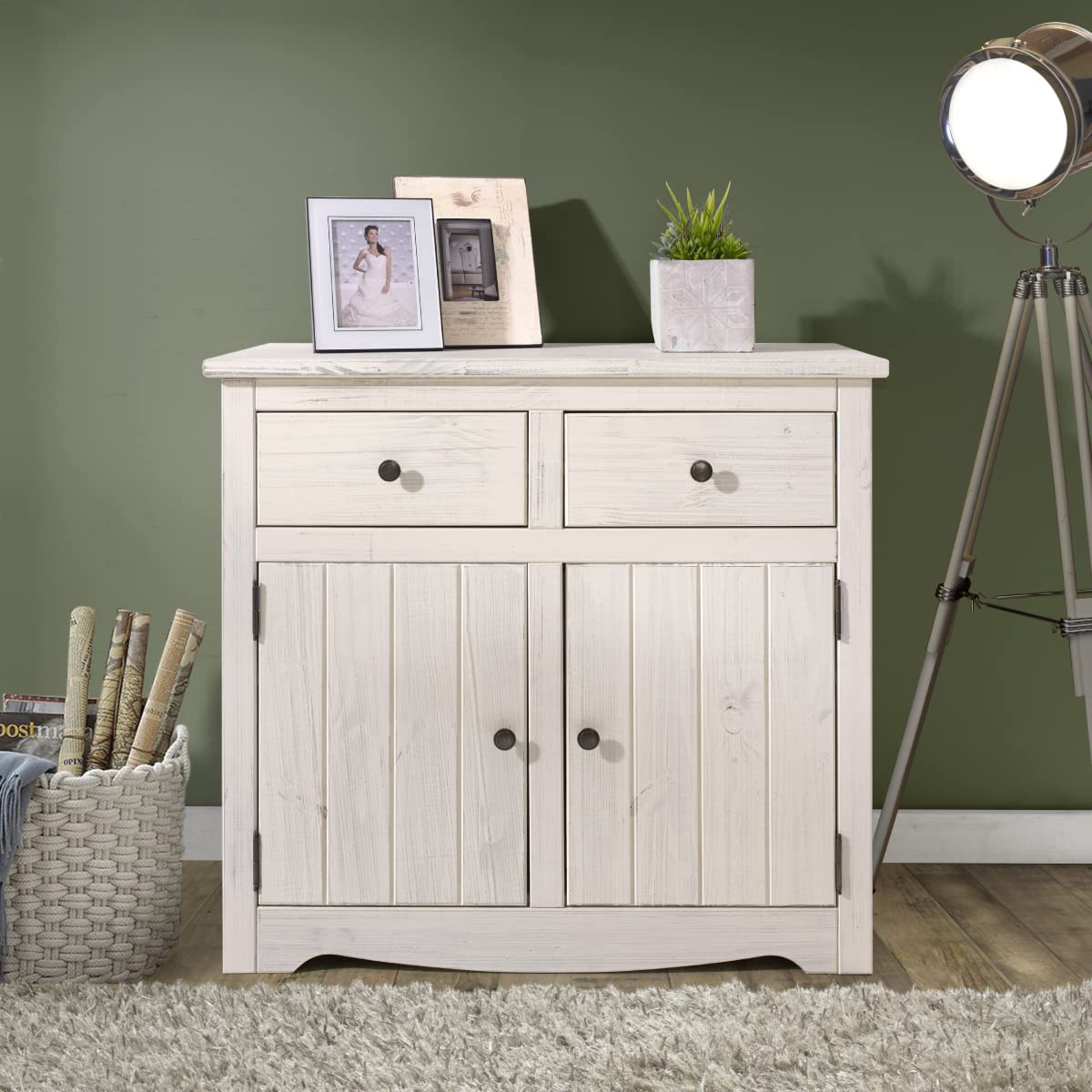 Furniture Dash - Wood Sideboard Cabinet - Storage Cabinet - Credenza for Living Room - Storage - Sideboard Buffet - 35.83" W, 16.93" D, 32.83" H - 57.32lb (White Distressed)