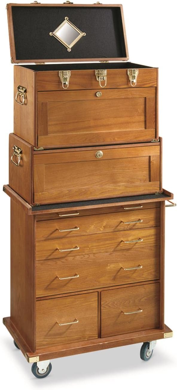 CASTLECREEK 4-Drawer Collector's Chest, Wooden Desk Storage Box Organizer Lockable Compartments Oak