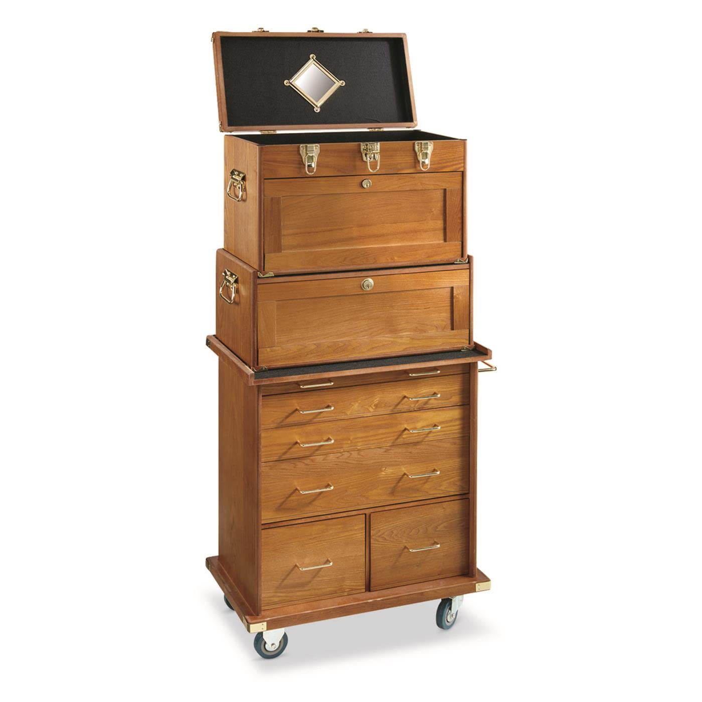 CASTLECREEK 4-Drawer Collector's Chest, Wooden Desk Storage Box Organizer Lockable Compartments Oak