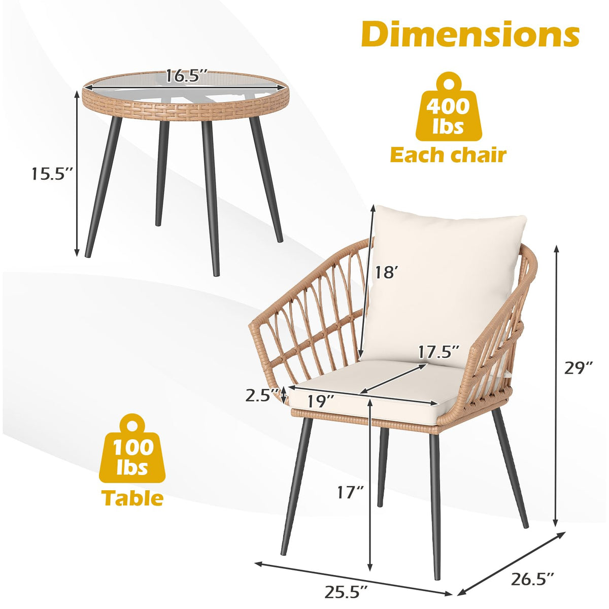 Tangkula 3 Piece Patio Bistro Set, PE Rattan Conversation Chairs with Round Glass Table & Soft Cushions, Outdoor Patio Furniture Set with Metal Frame for Balcony, Garden (Off White, 16.5 × 15.5 Inch)