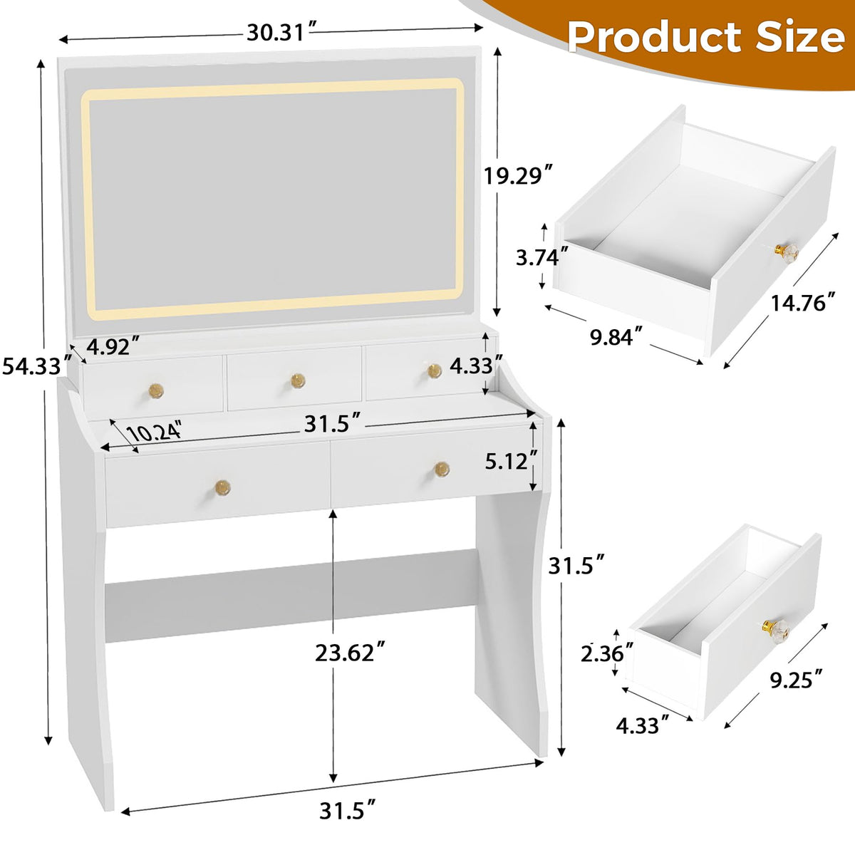 COMHOMA Vanity Desk with LED Lights Mirror & Power Outlet, Small Makeup Vanity Table Set with 5 Storage Drawers, 3 Lighting Modes & Adjustable Brightness, Dressing Table for Women Girls Bedroom, White