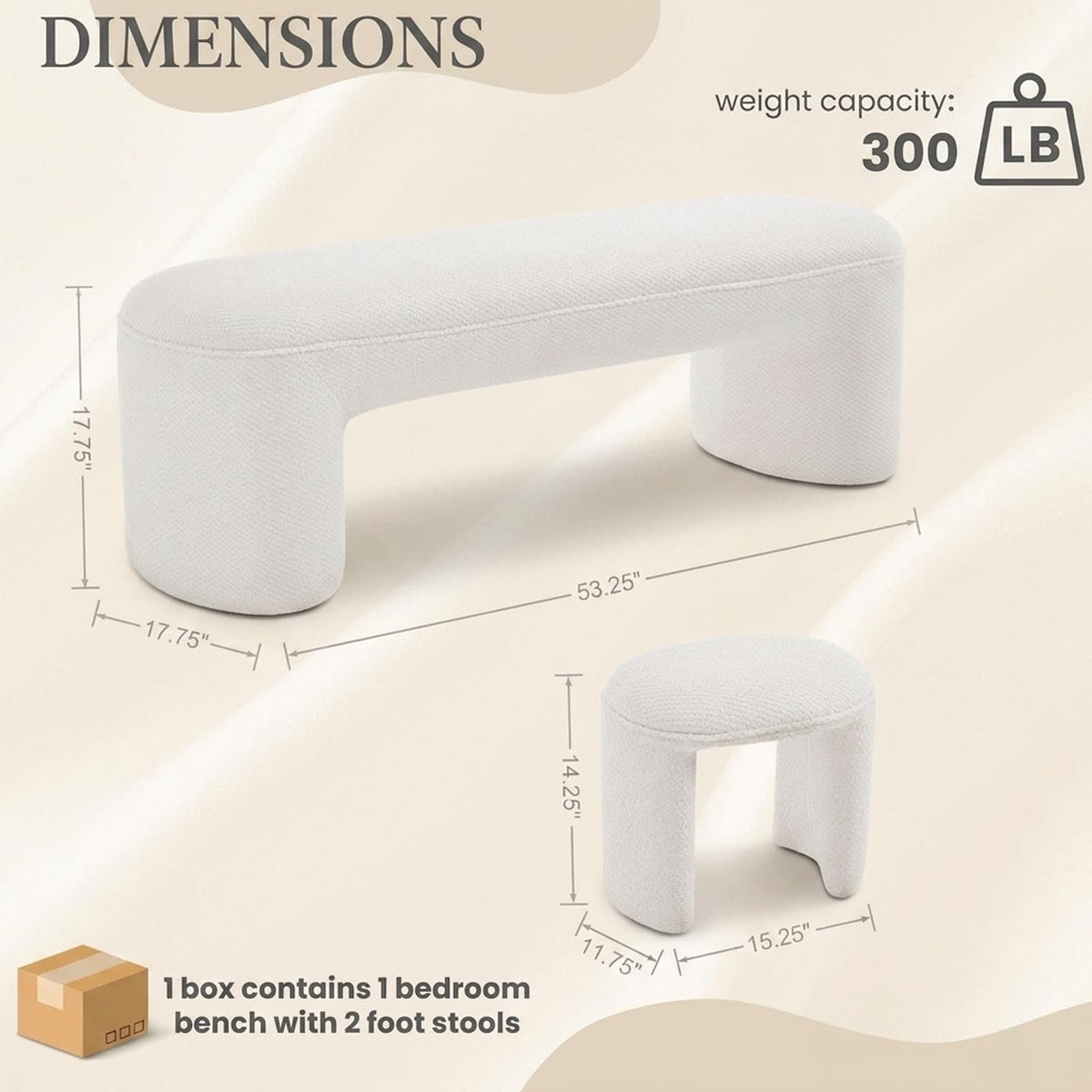 ChicAura 53" Chenille Ottoman Bench with 2 Nesting Ottomans, White