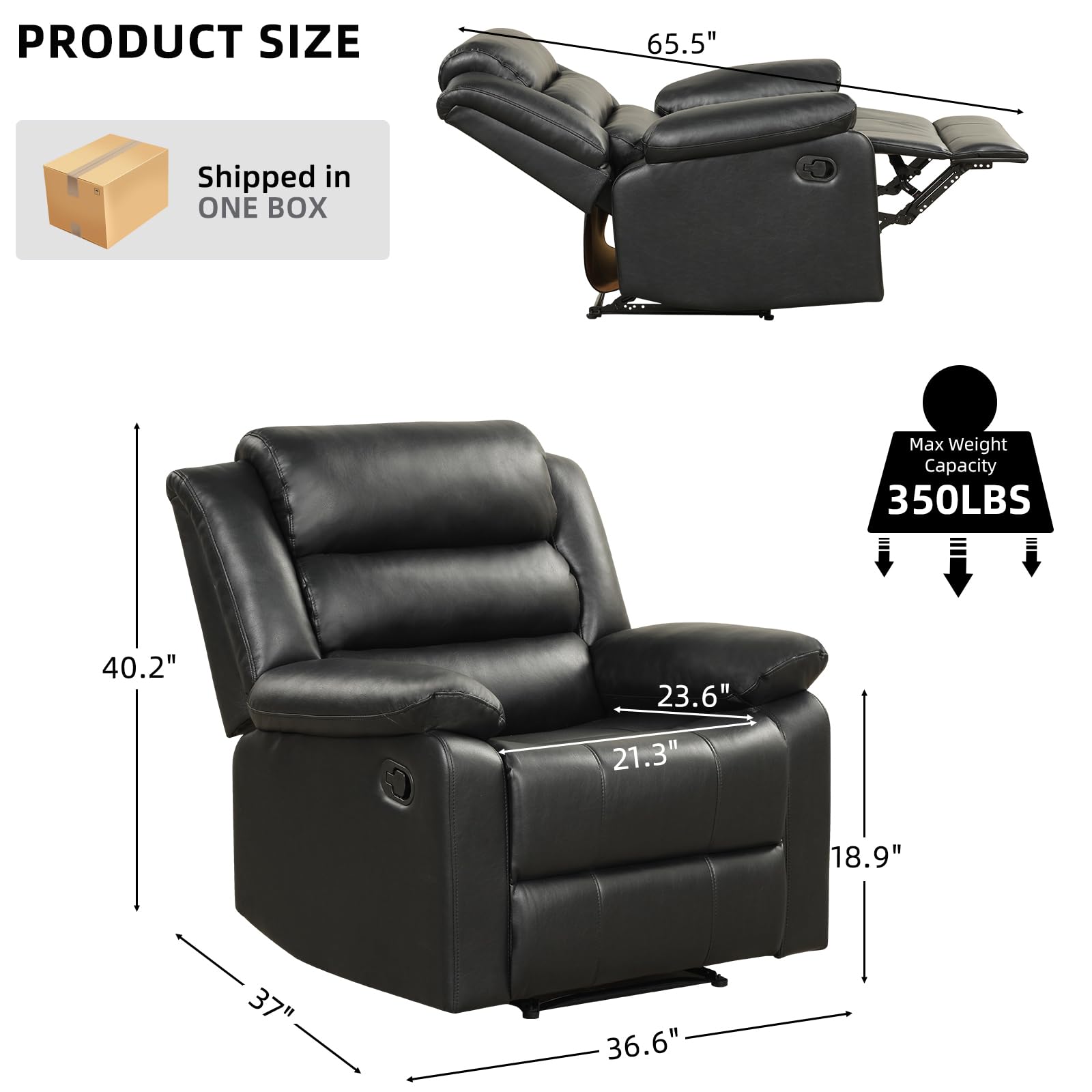 CANMOV Recliner Chair for Adults, Waterproof PU Leather Recliner, Soft Plush Overstuffed Manual Recliner with Footrest for Living Room Home Theater, Heavy Duty, Easy Clean(Black)
