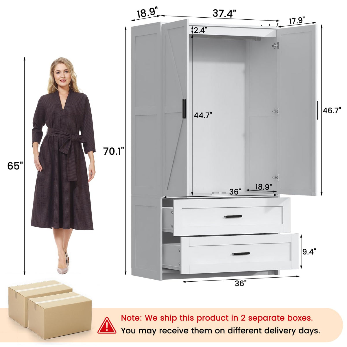 White Farmhouse Wardrobe with Mirror