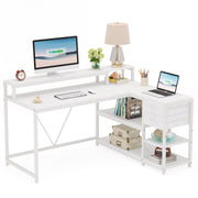 L-Shaped Corner Desk with Drawers, Shelves & Monitor Stand