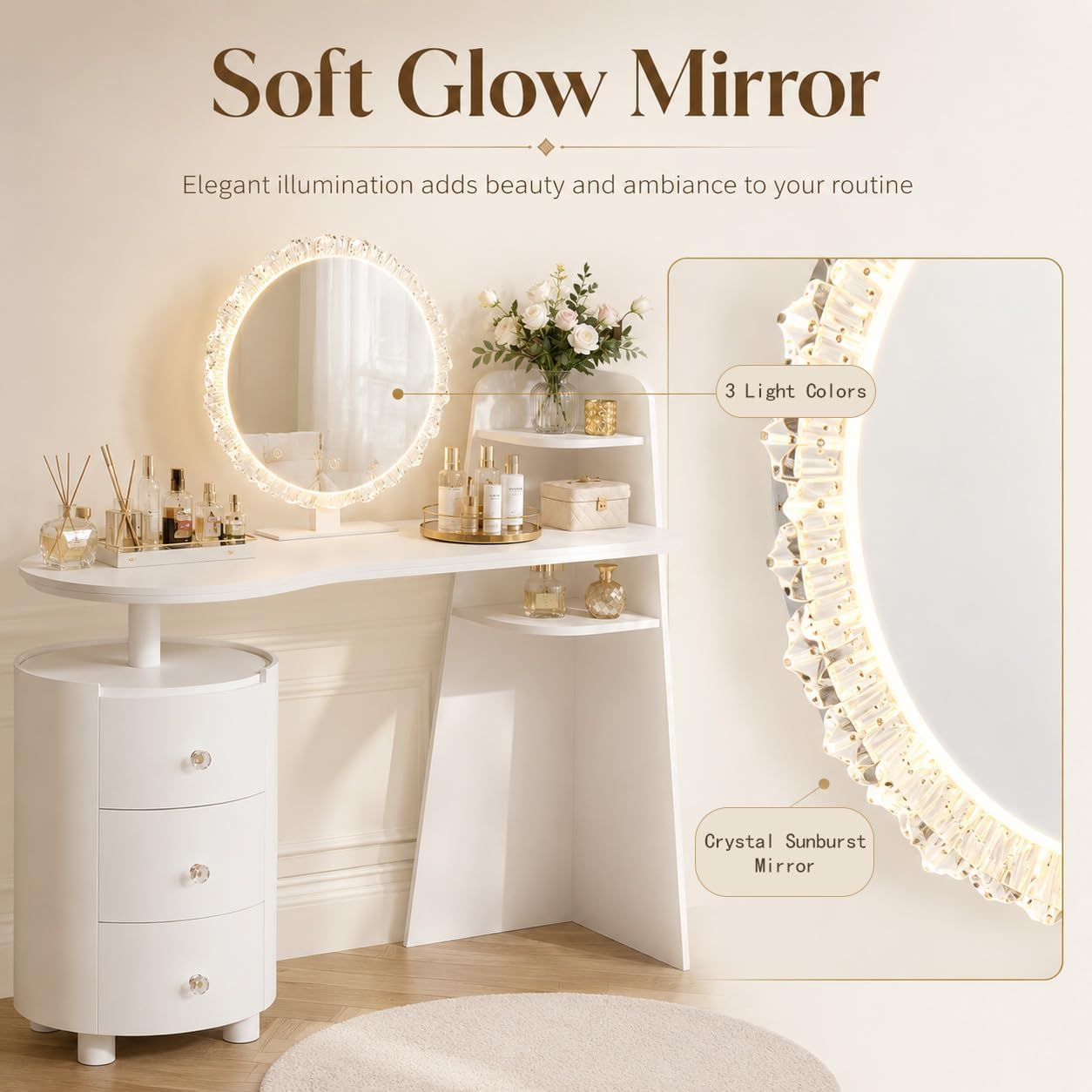 Furnistar White Vanity Desk with Mirror and Lights, Adjustable Make up Vanity with 3 Drawers, Modern Makeup Table with Curved Desktop and Shelf for Bedroom