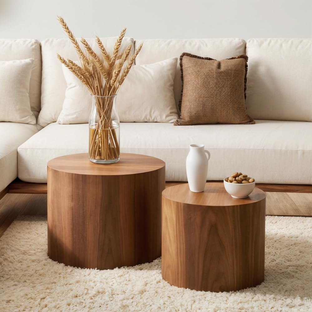 Nesting Coffee Table Set of 2 – Round Accent Tables with Non-Slip Feet