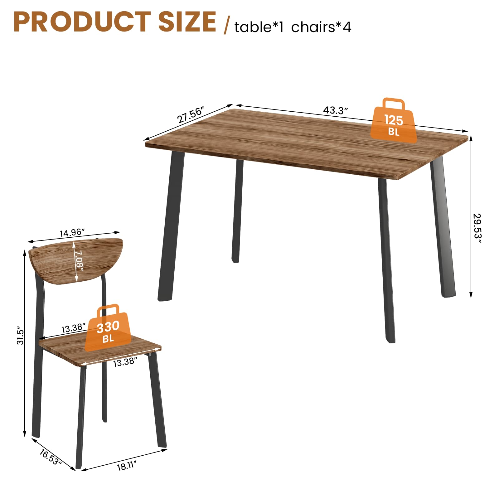 AWQM Dining Table Set for 4, Wood Kitchen Table and Chairs,Curved Backrest Kitchen & Dining Room Tables, Dinette Set for Small Space, Dining Room, Breakfast Nook, Apartment, Walnut