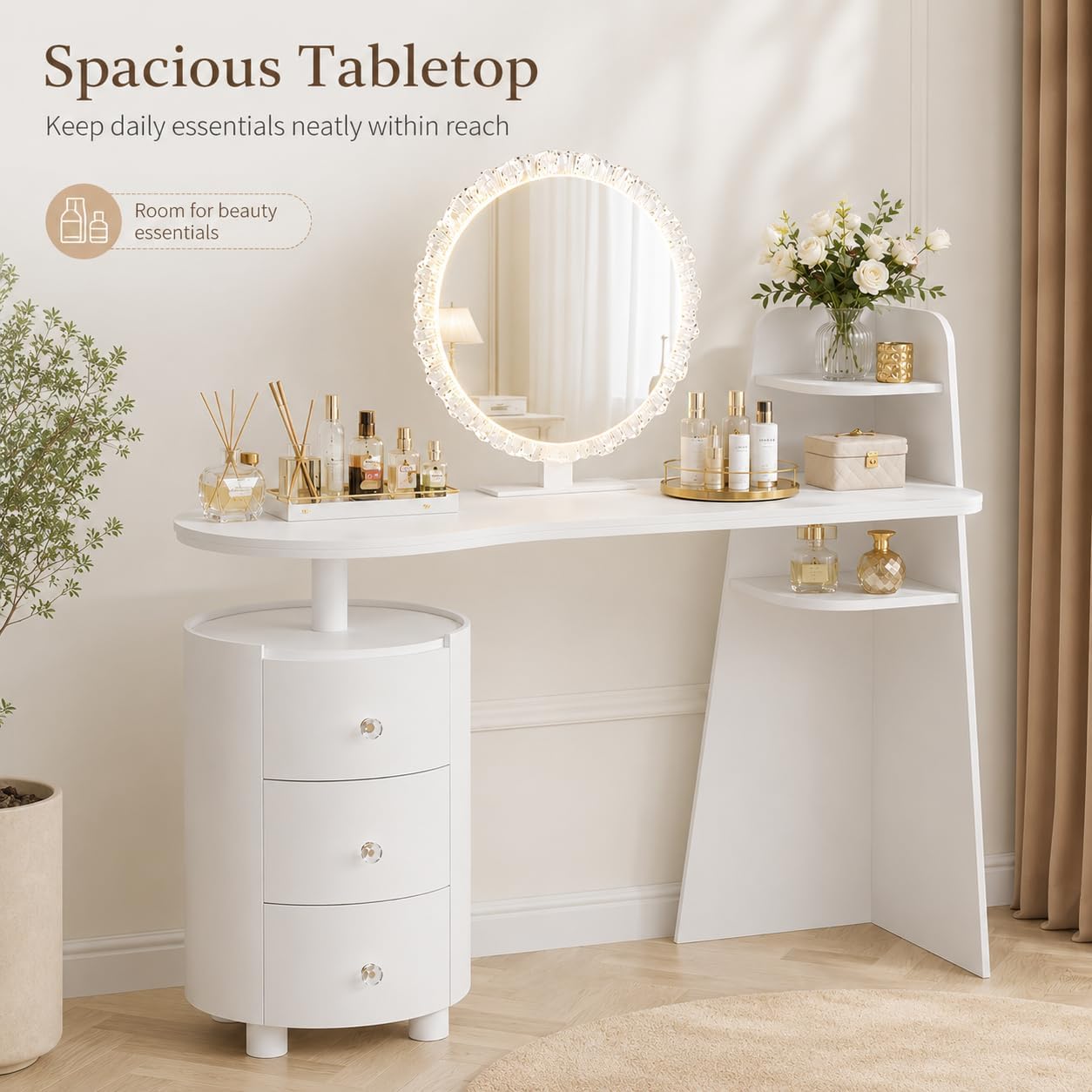 Furnistar White Vanity Desk with Mirror and Lights, Adjustable Make up Vanity with 3 Drawers, Modern Makeup Table with Curved Desktop and Shelf for Bedroom