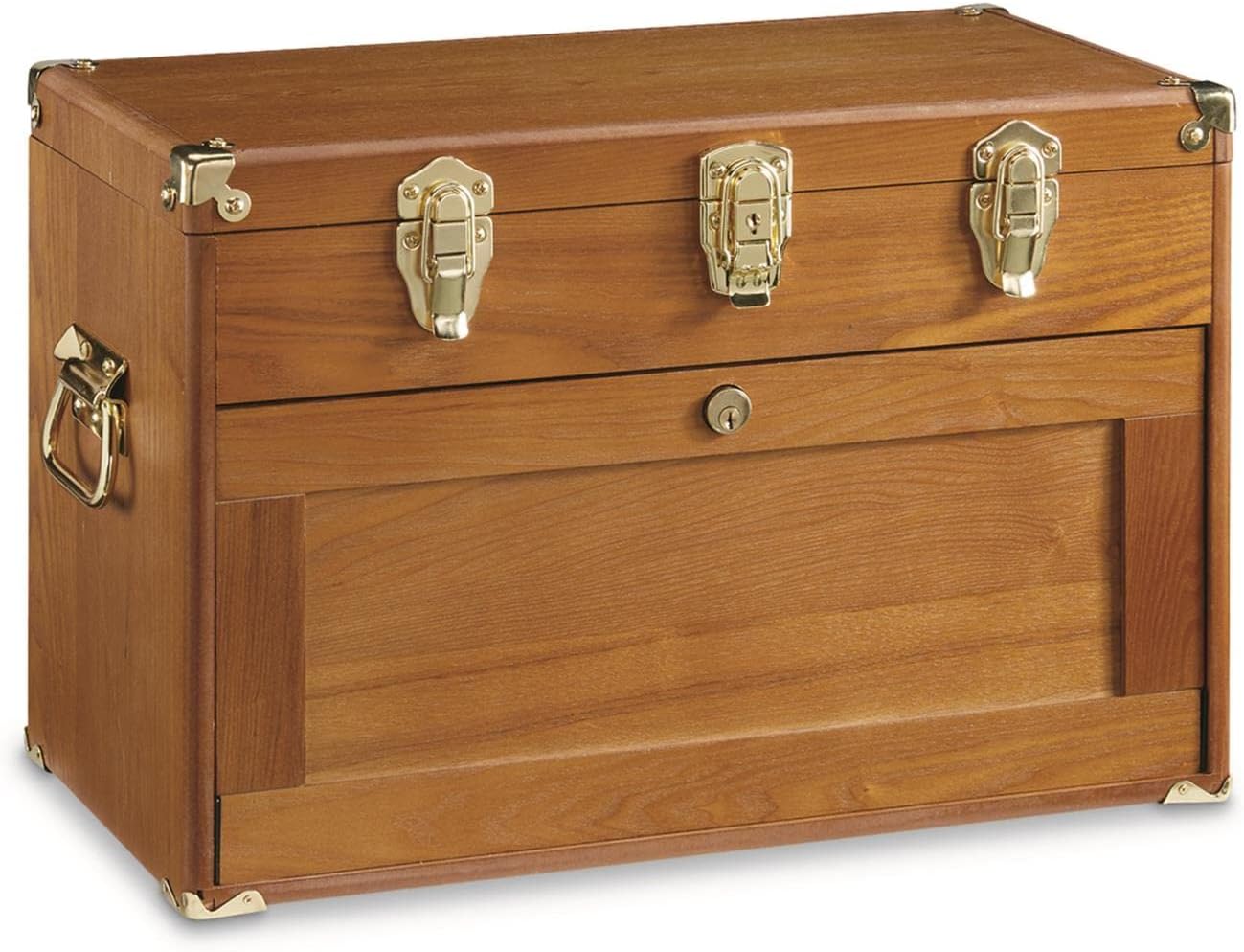 CASTLECREEK 4-Drawer Collector's Chest, Wooden Desk Storage Box Organizer Lockable Compartments Oak
