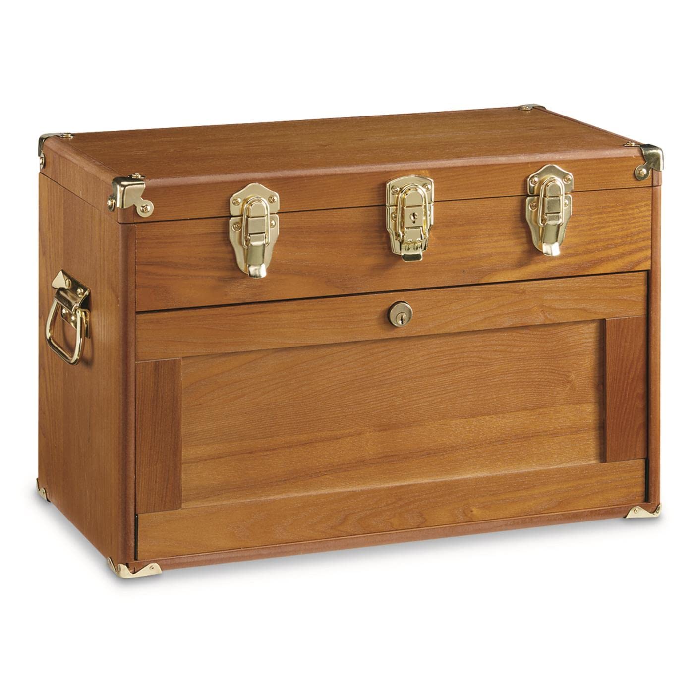 CASTLECREEK 4-Drawer Collector's Chest, Wooden Desk Storage Box Organizer Lockable Compartments Oak