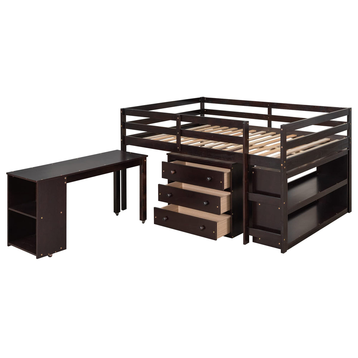 Merax Solid Wood Full-Size Low Loft Bed Frame with Ladder for Kids Bunk, Cabinet + Desk, Pure Espresso