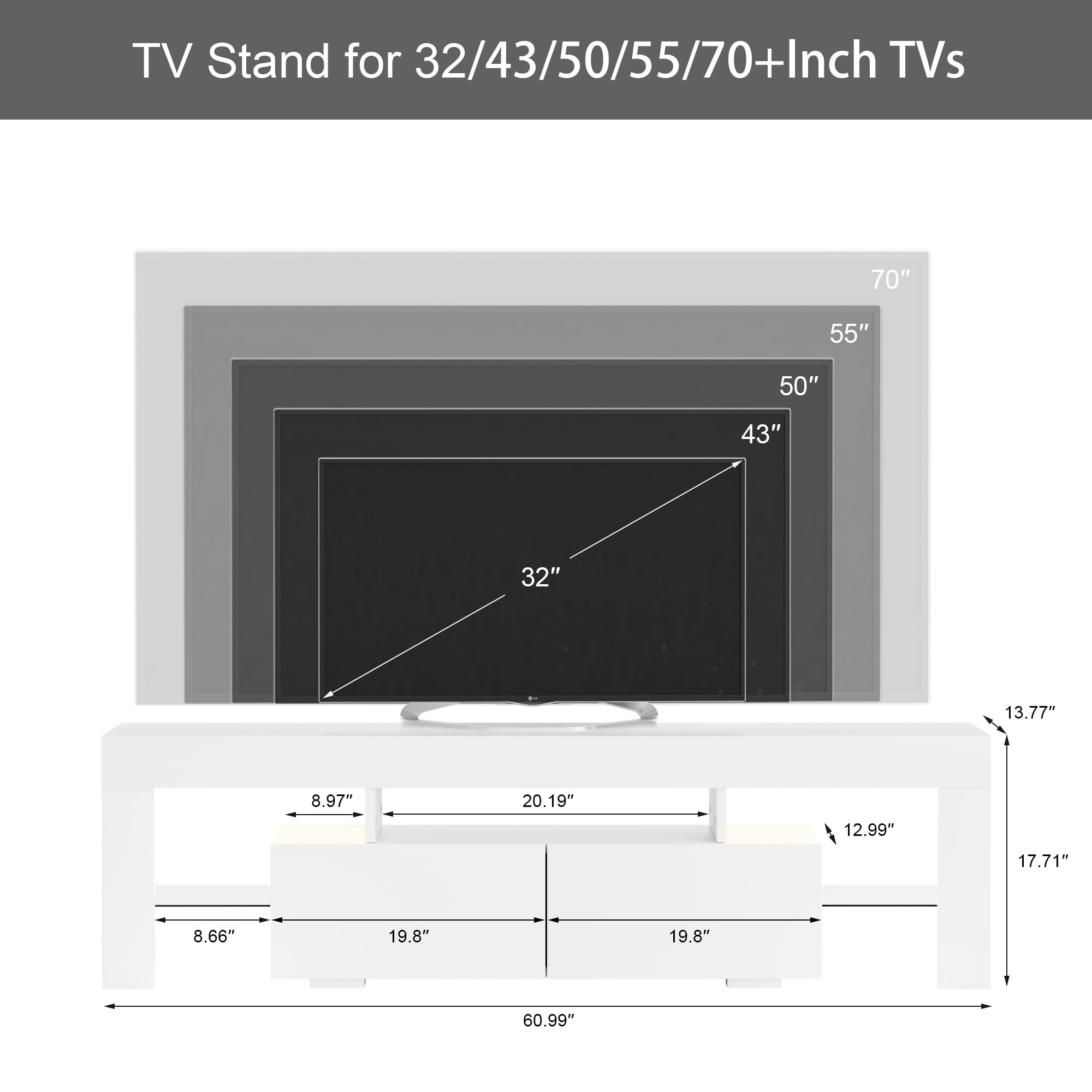 JUMMICO TV Stand with LED Lights, Modern Entertainment Center Media and Open Shelf Console Table Storage Desk with 1 Drawer and Remote Control 20 Color LED Lights up to 70 Inch TV (White)