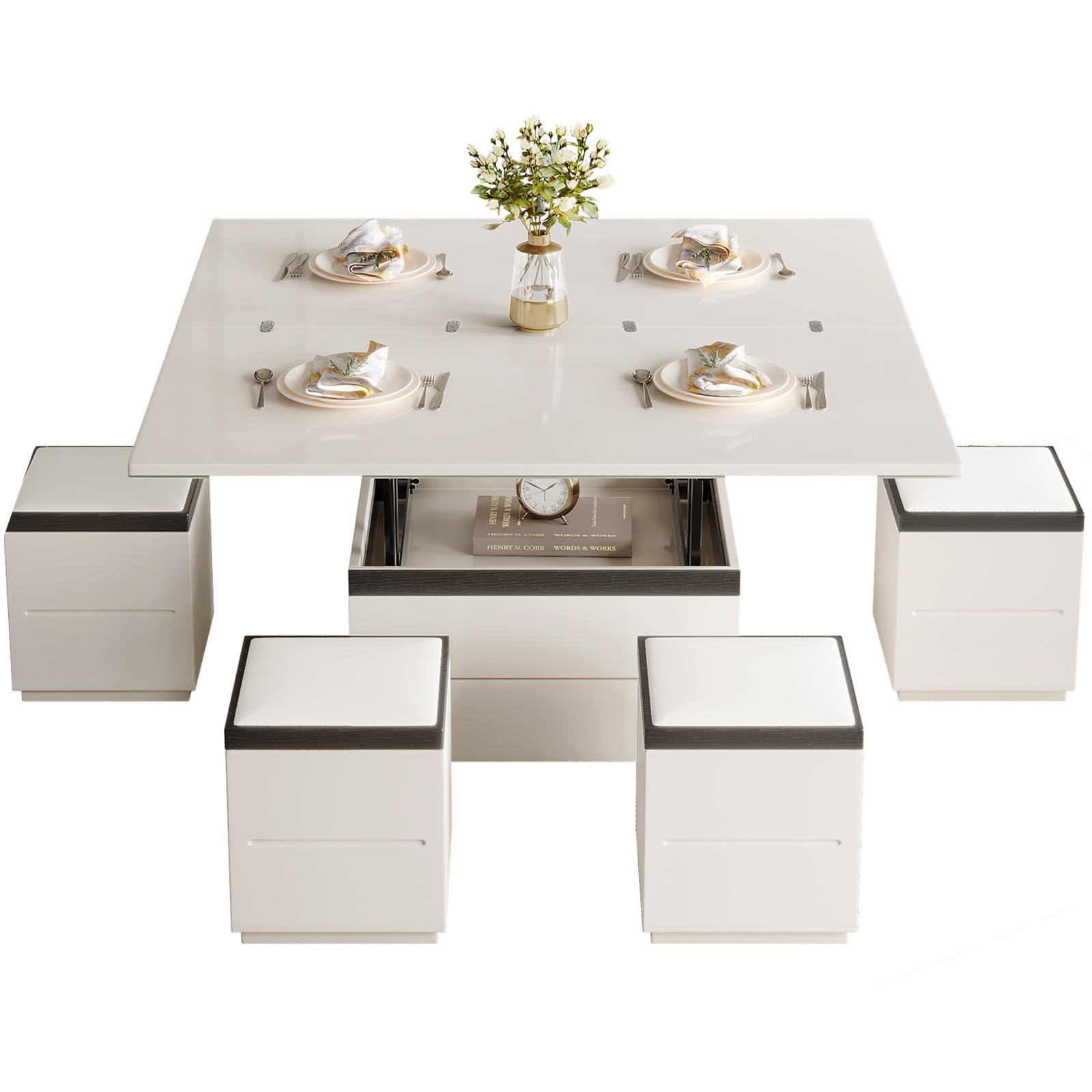 Guyii 47" Lift Up Coffee Table with Storage Stools White Cofee Tables 3 in 1 Living Room Table with Wheels for Living Room Apartment Saving Space