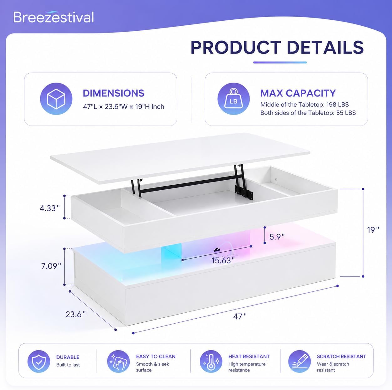 Breezestival 47 Inch LED Lift Top Coffee Table, High Gloss Coffee Table with 2 Sliding Drawers, Open Storage Shelf and Ambient Light, Modern Double-Layer Center Table for Living Room White