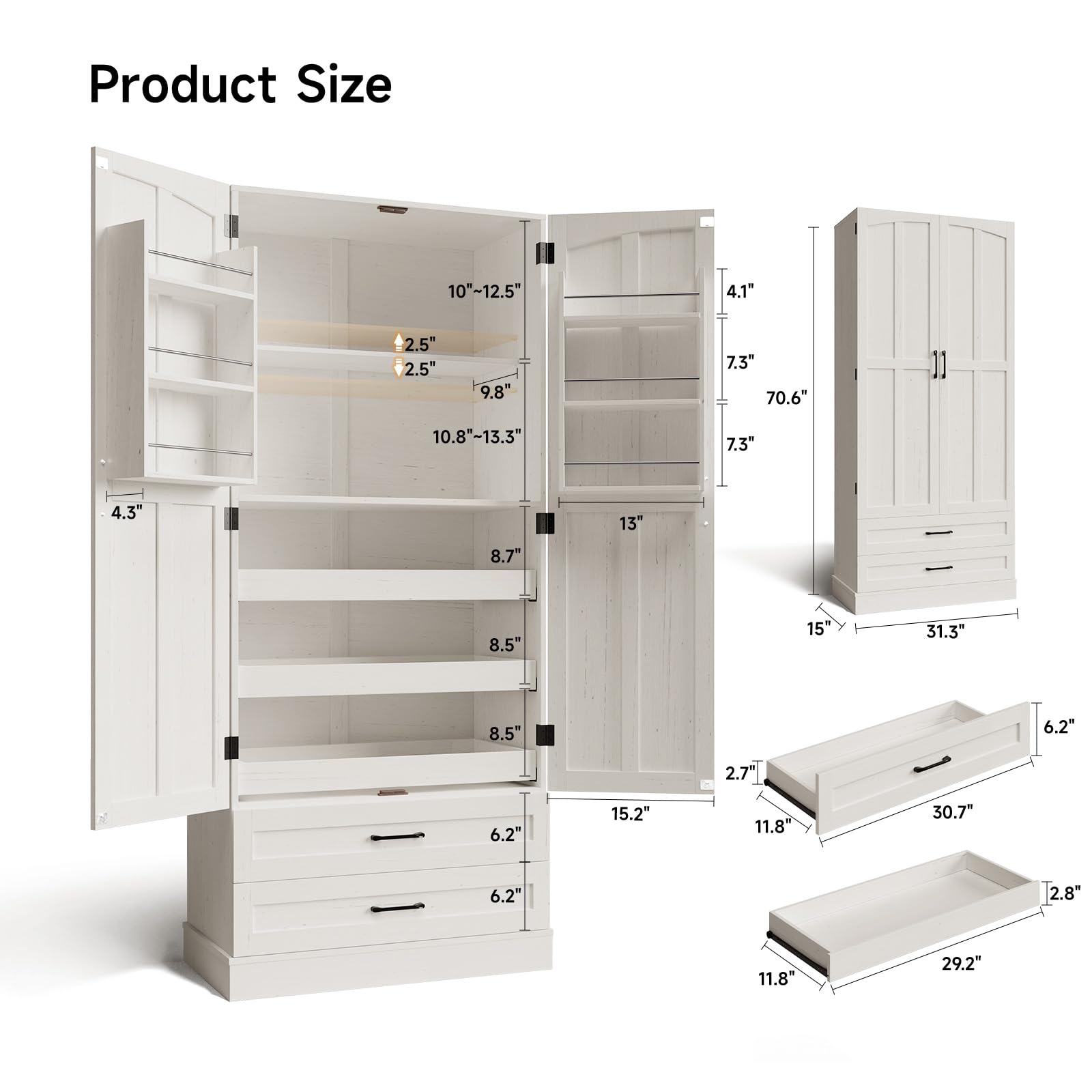 ONBRILL 71" Tall Farmhouse Kitchen Pantry Cabinet with 3 Pull Out Shelves & 2 Large Drawers, Pantry Storage Cabinet with 6 Door Shelf & Adjustable Shelf, Freestanding Cupboard for Kitchen, Dining Room