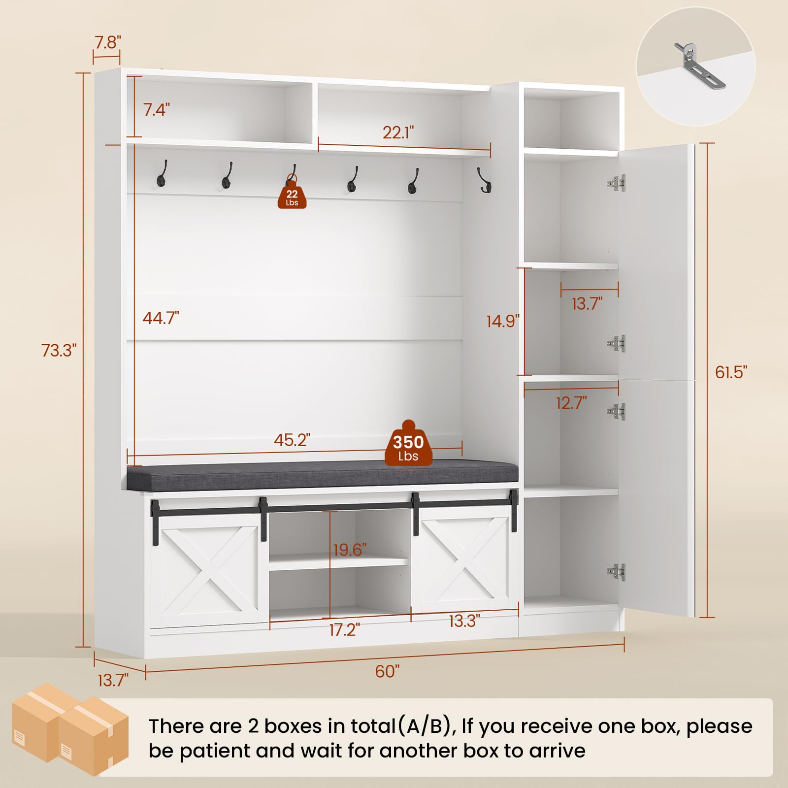 60IN Hall Tree with Bench, Shoe Storage & Mirror
