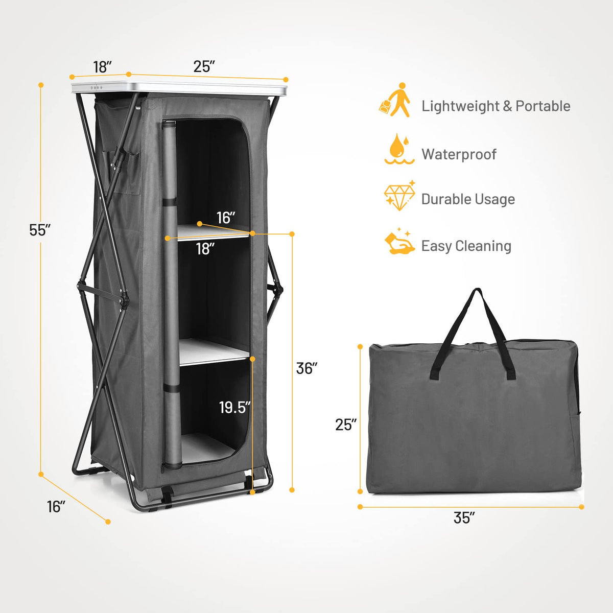GIANTEX Folding Camping Storage Cabinet with 3 Shelves and Carry Bag, Portable Outdoor Organizer Kitchen Table, Quick Set-up for BBQ, Picnic, Backyard, Compact Pop-Up Cupboard, 55''H