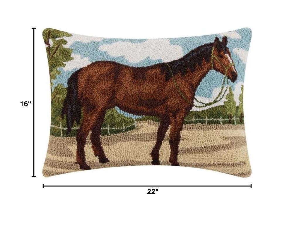 Peking Handicraft Brown Horse 22" x 16" Rectangular Hooked Wool Throw Pillow with Polyfill Insert