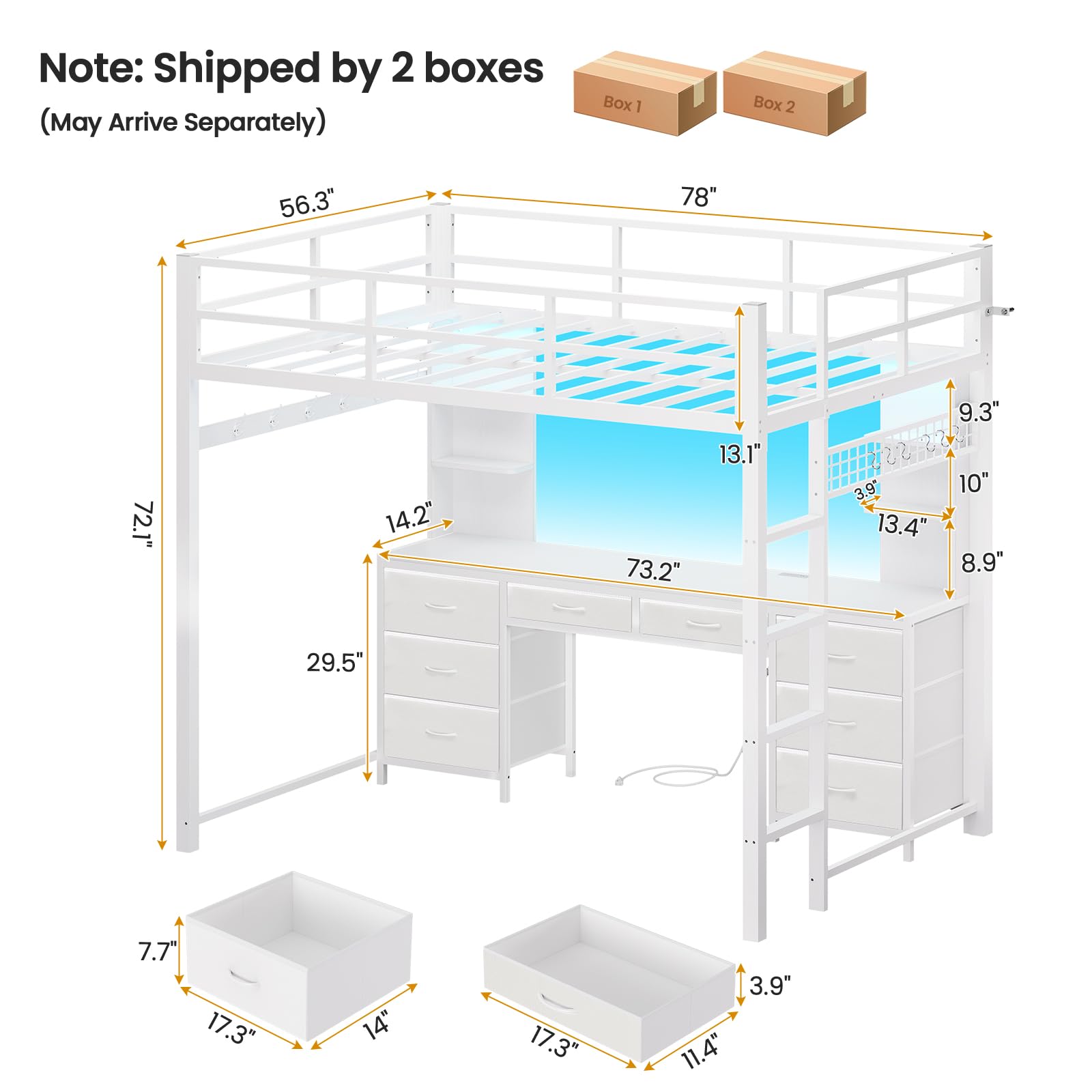 ADORNEVE Full Size Loft Bed with Desk and 8 Storage Drawers, Metal Loft Beds Full with LED Lights & Charging Sation, Heavy Duty Loft Bed Frame with 6 Storage Shelves, Space-Saving, Noise Free,White