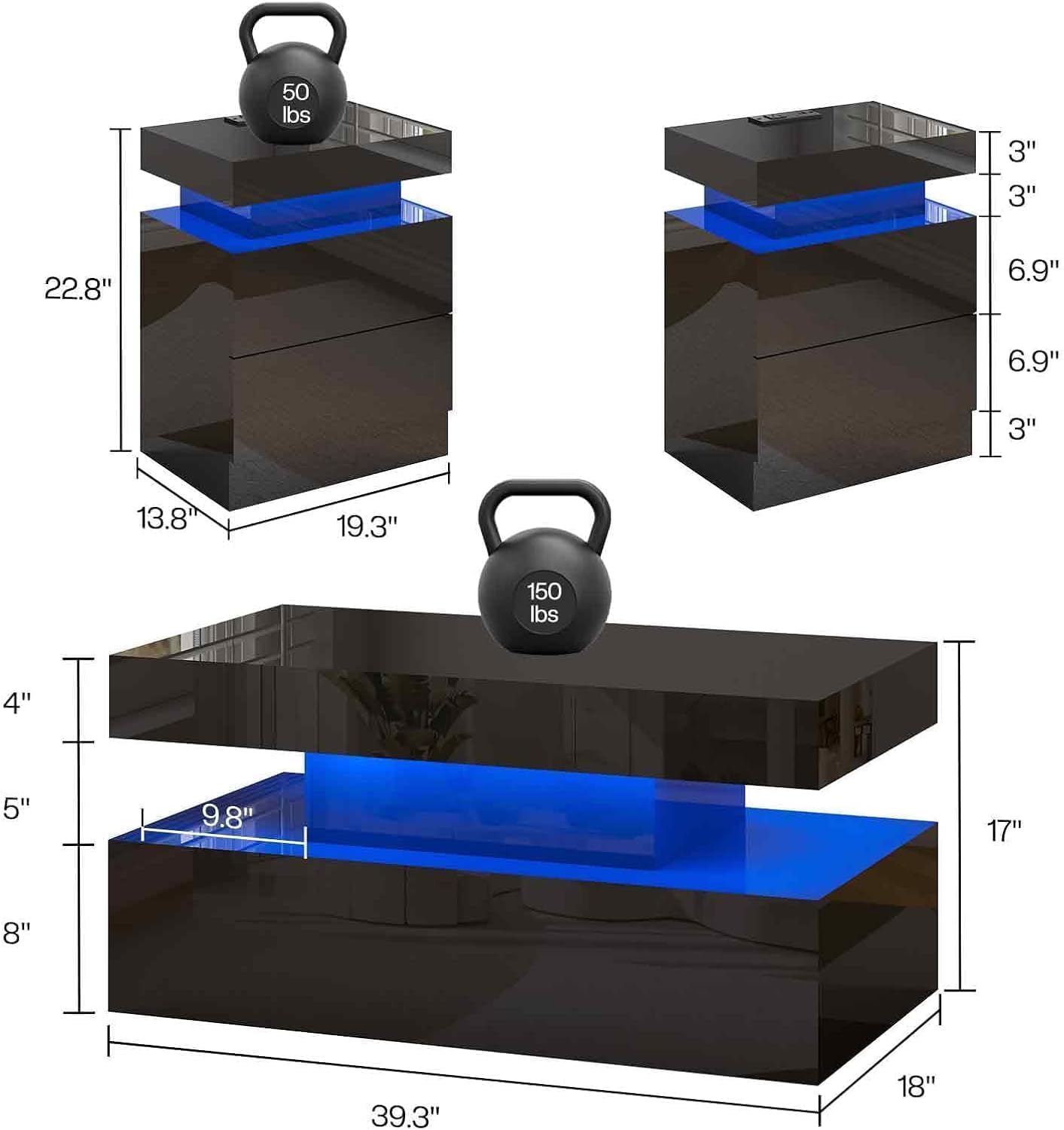 LUXOAK 3 Pieces Living Room Table Set, Modern High Gloss Coffee Table Set with LED Light and Storage Space, 2 End Side Tables with Charging Station for Living Room, Office, Black