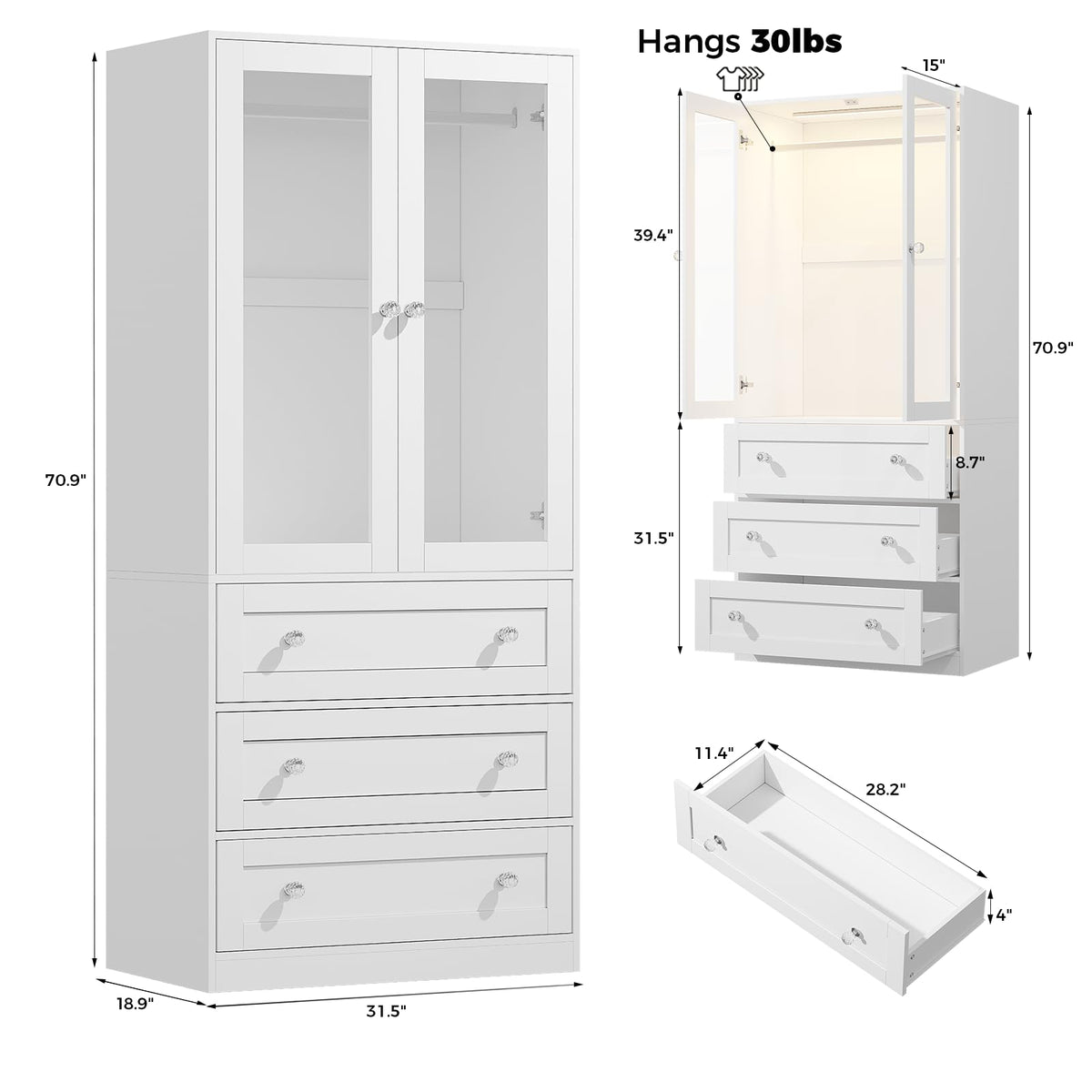 Glass Door Wardrobe with LED Lighting