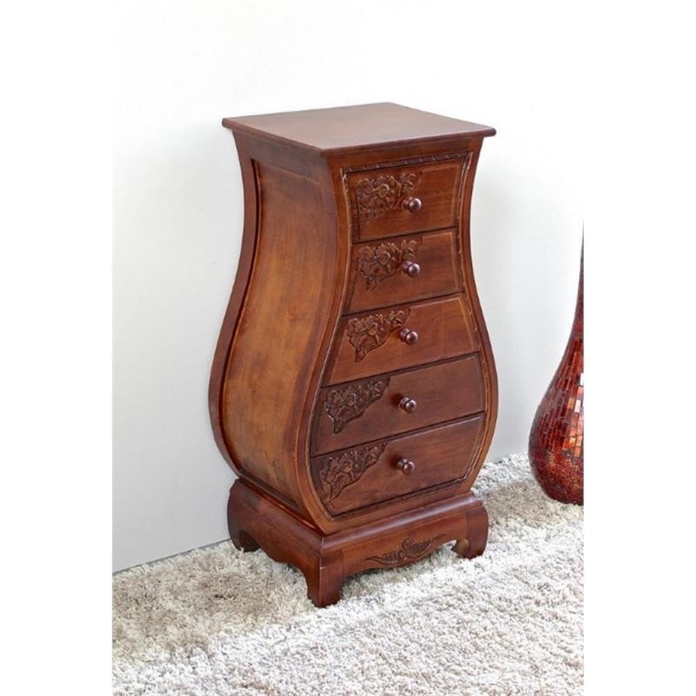 5-Drawer Bombe Chest – Walnut Stain, Hand-Carved Oak