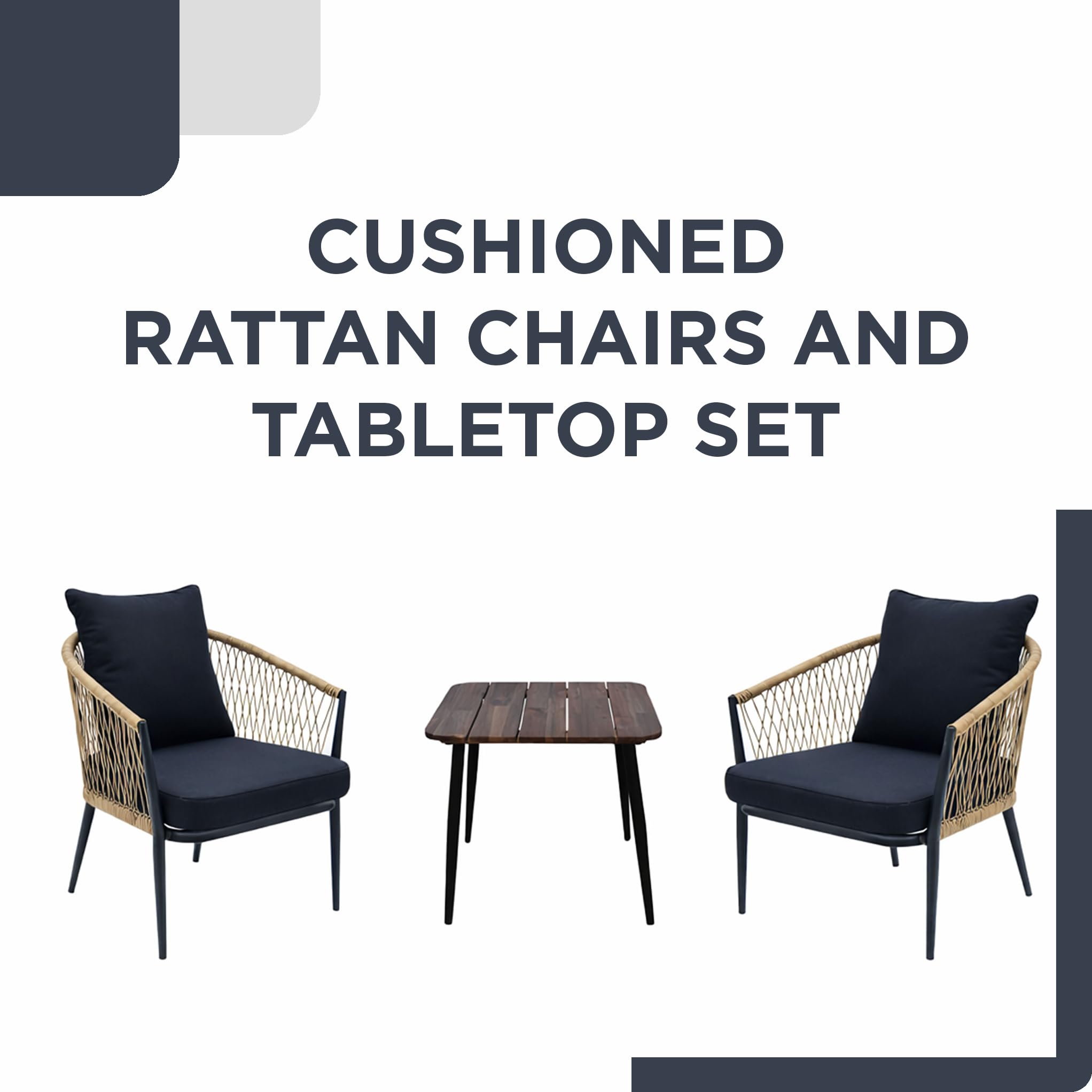 Alpine Corporation VTFAM166A 3-Piece Outdoor Patio Bistro Set – Wooden Accent Table & 2 Wicker Armchairs with Seat & Back Cushions – Modern Indoor/Outdoor Conversation Set, Natural & Black