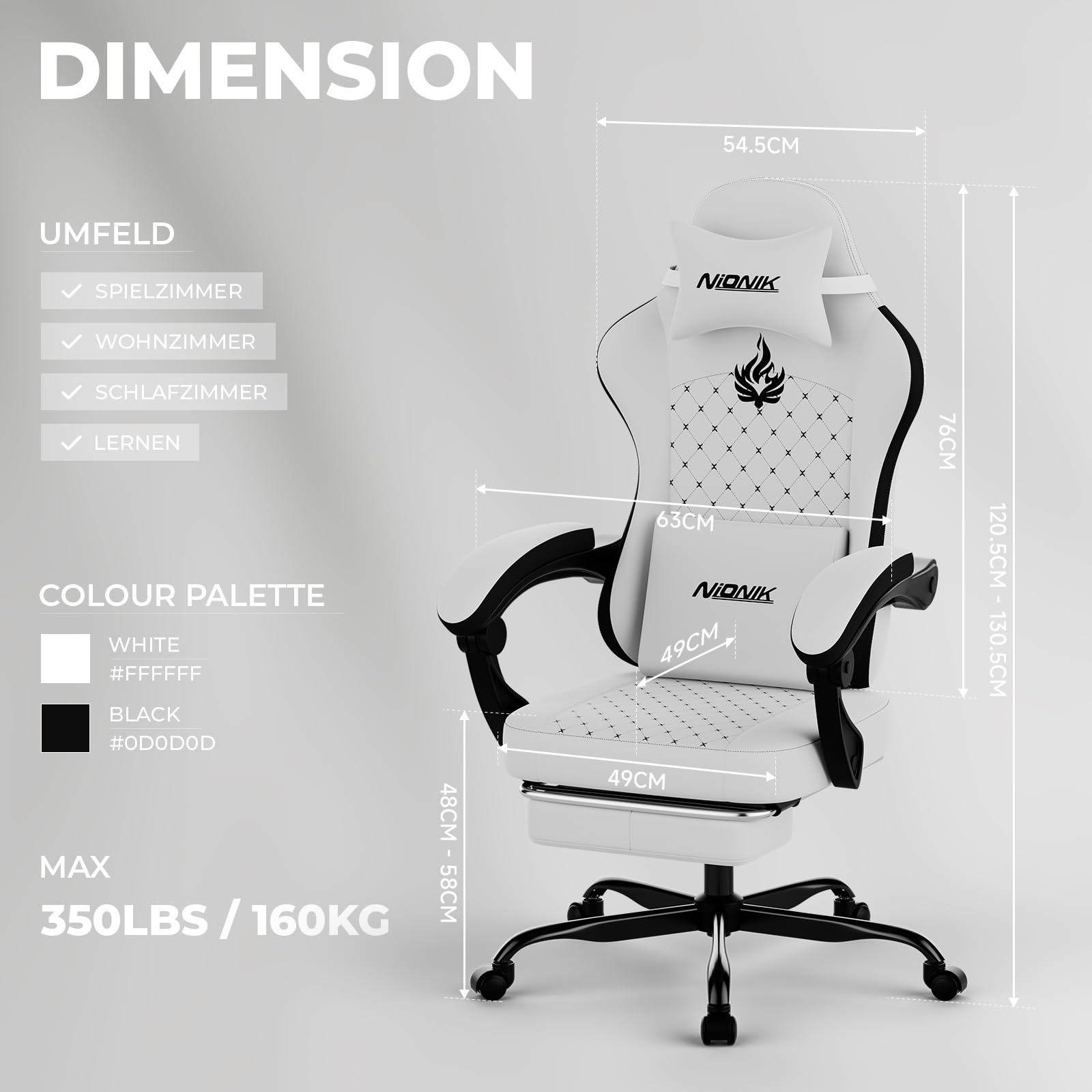 NIONIK Gaming Chair with Massage,Ergonomic PC Gaming Chair Computer Chairs with Footrest Comfortable Headrest and Lumbar Support, High Back WHITEBLACK
