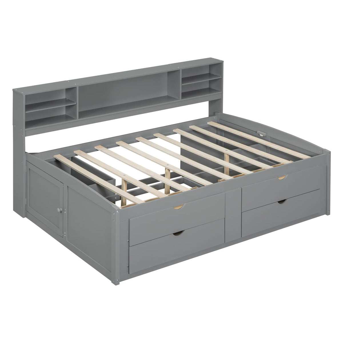 SOFTSEA Full Captains Bed with Drawers & Shelves, Wood Storage Daybed, Grey