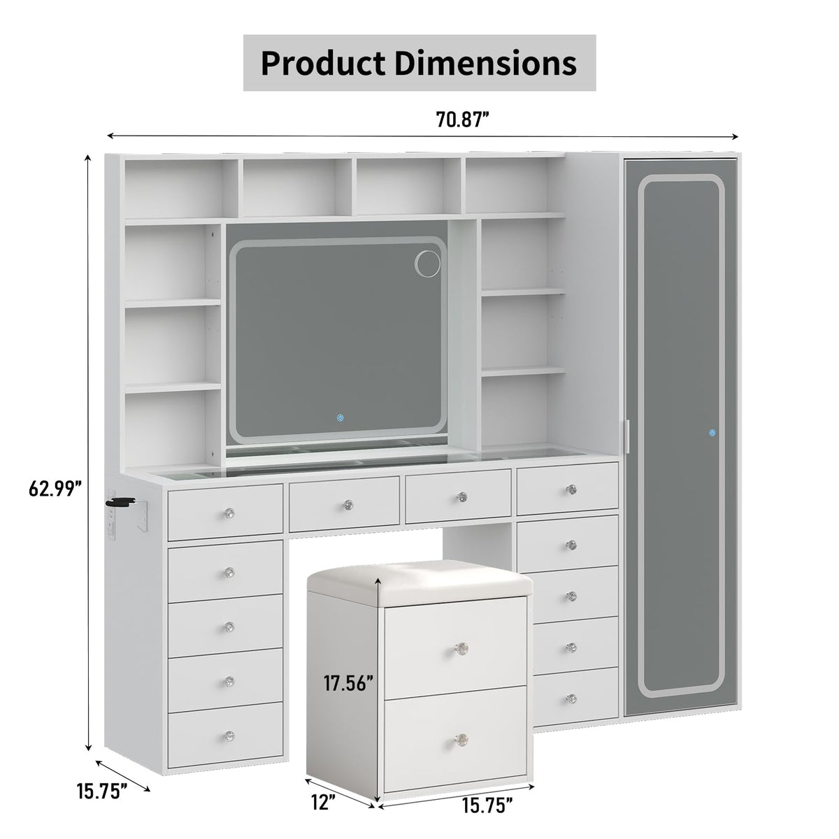71'' Vanity Desk with LED Lights & Body Mirror, Hidden Cabinet, White