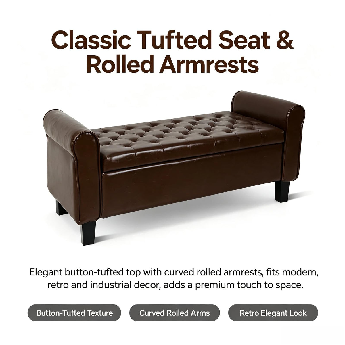 51 Inch Brown Faux Leather Storage Ottoman Bench with Rolled Armrests
