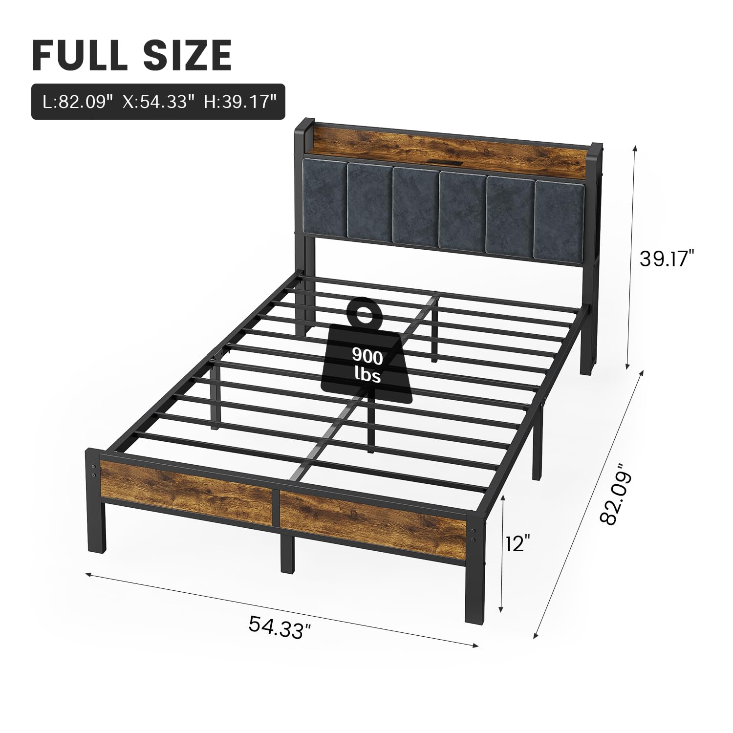 PROTEA Full Size Bed Frame with LED Lights and Built-in Charging Station, Upholstered Headboard with Storage Shelf, Sturdy Metal Platform, Noise Free, No Box Spring Needed