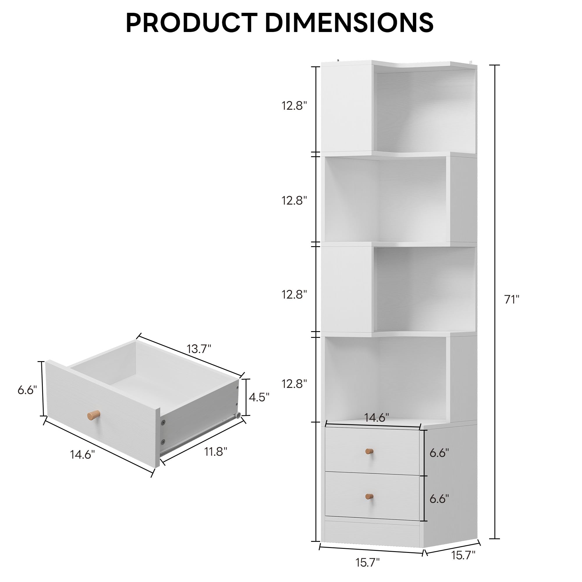 IRONCK Corner Bookshelf, 70.87" Tall Corner Bookcase with Drawers, Corner Shelf Storage Display Rack for Living Room Home Office, White