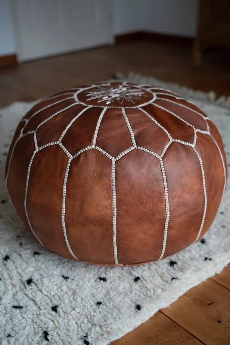 Poufs&Pillows Premium Moroccan Leather Pouf - Handmade - Delivered Stuffed - Ottoman, Footstool, Floor Cushion (Cognac Brown)