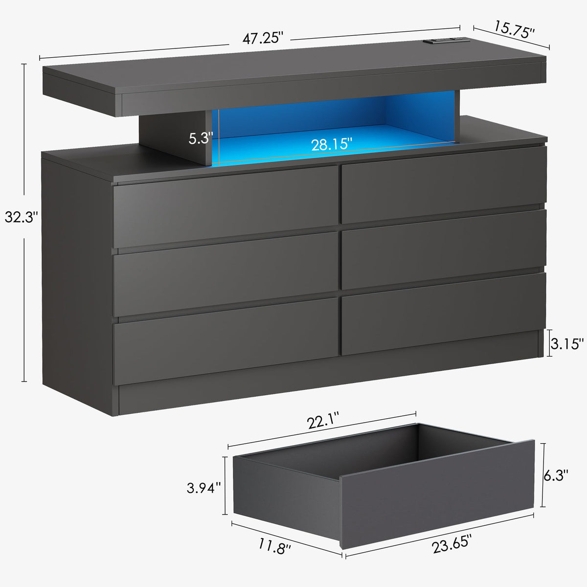 BEWISHOME Black Dresser for Bedroom with Charging Station and LED Lights