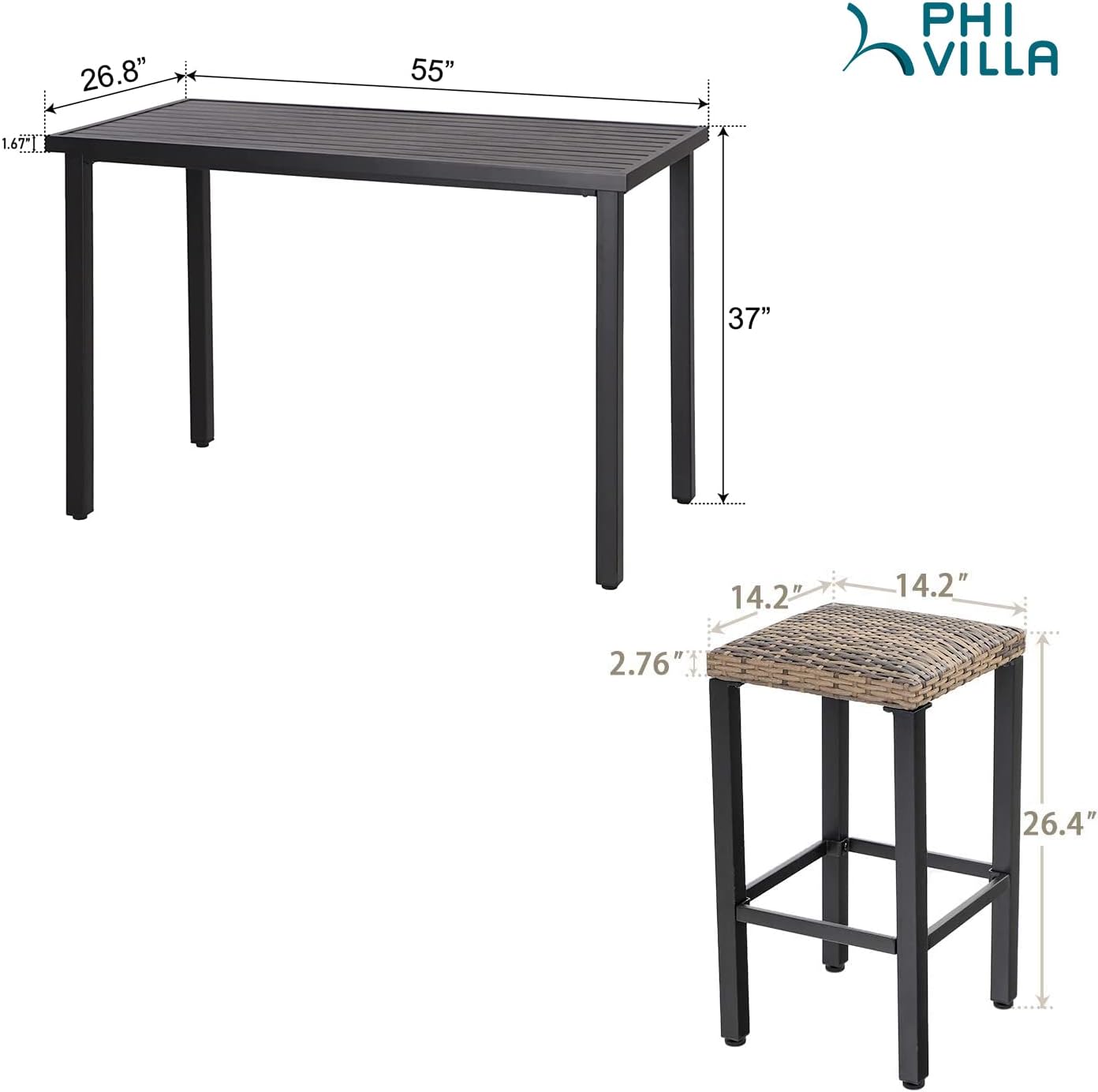 PHI VILLA 5 Piece Patio Bar Set, Black Wood Grain Metal Bar Table & 4 Wicker High Bar Stools, Bar Height Outdoor Dining Set for Porch, Yard, Deck, Poolside
