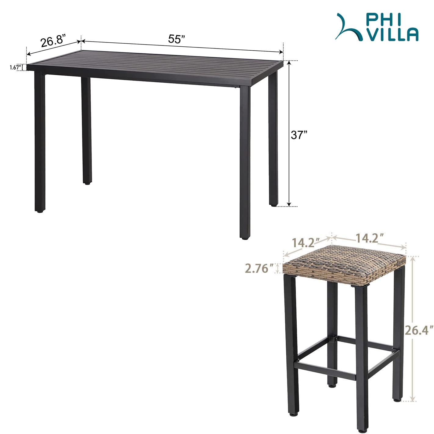 PHI VILLA 5 Piece Patio Bar Set, Black Wood Grain Metal Bar Table & 4 Wicker High Bar Stools, Bar Height Outdoor Dining Set for Porch, Yard, Deck, Poolside