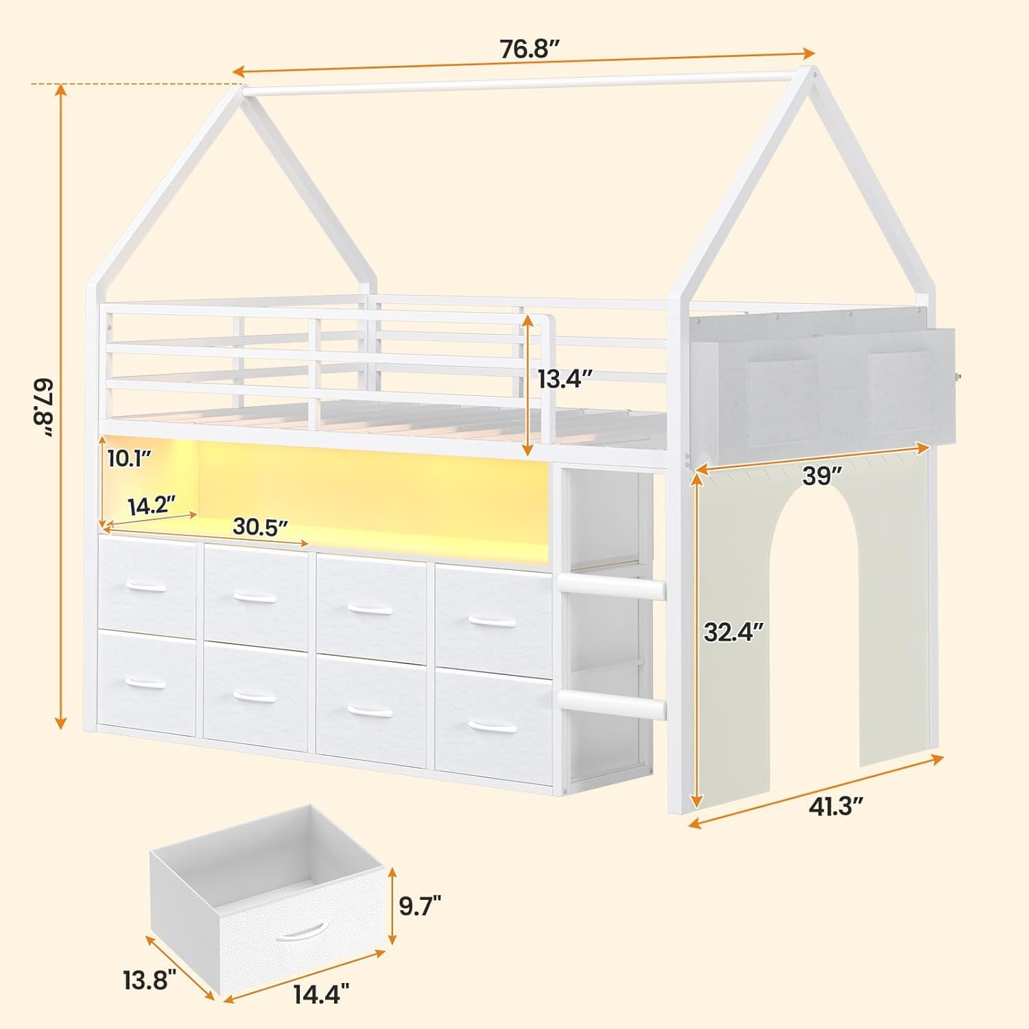 Twin Low Loft Bed with 8 Storage Drawers, LED Lights & House Design