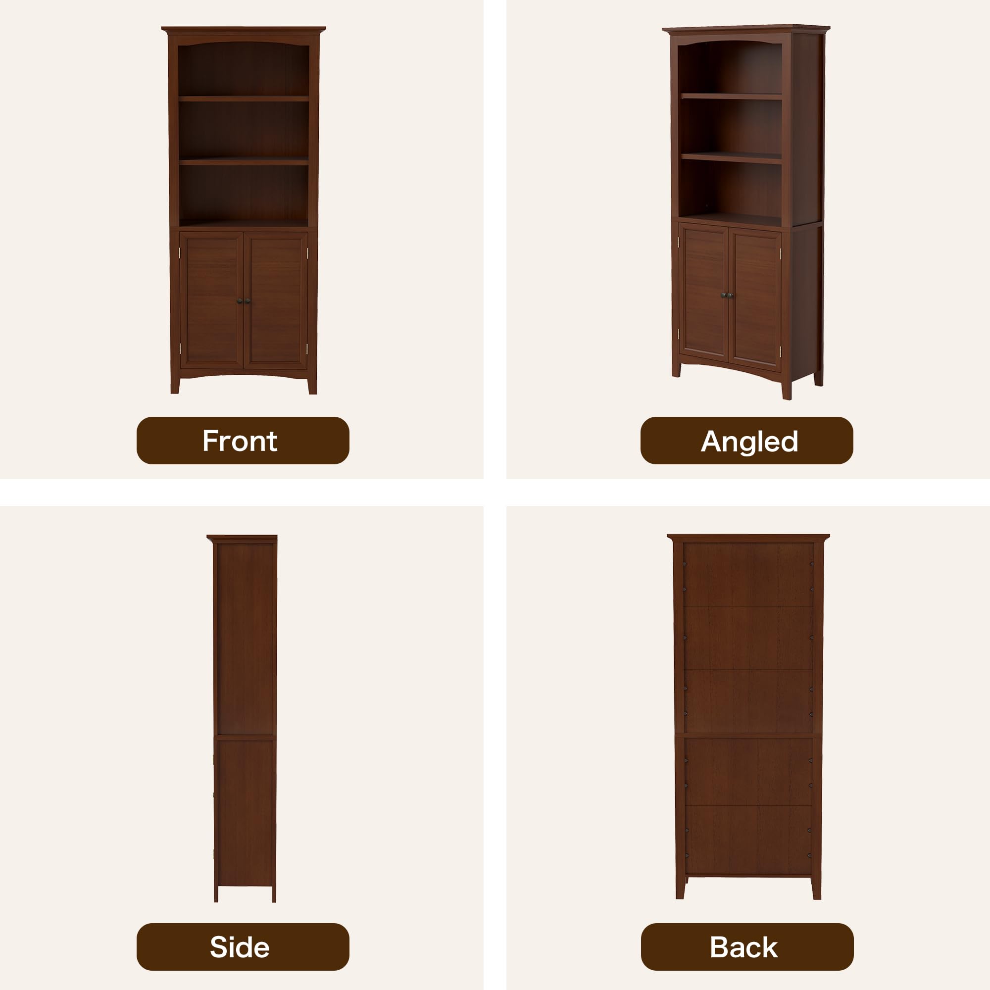 Ortello Home Harvin Standard Bookcase with Doors Set of 2, Solid Wood Bookshelves Floor Standing 5 Tier Adjustable Shelves Organizer and Storage, 72in Tall Bookshelf for Home Office, Living Room