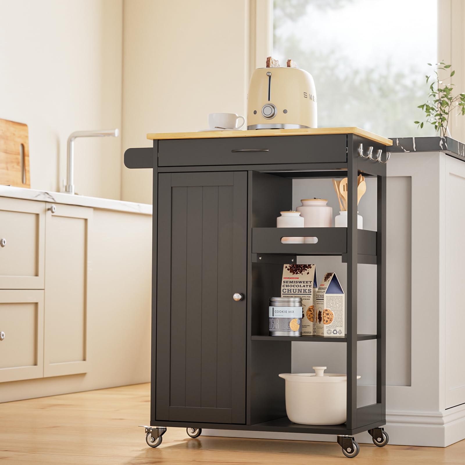 Rolling Kitchen Island Cart with Drawer, Cabinet & Storage Shelves