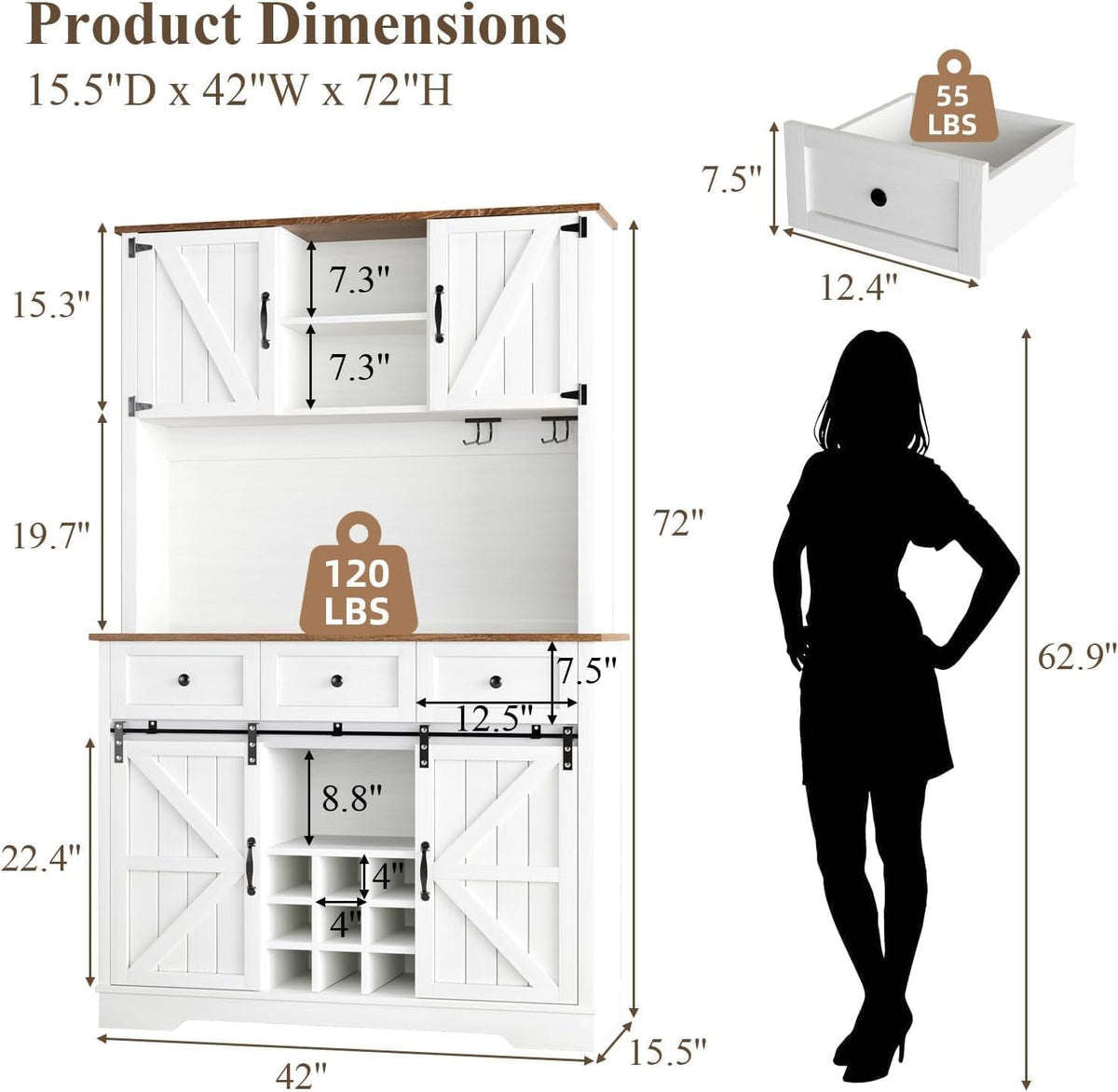 4 EVER WINNER 72 Inch Tall Farmhouse Coffee Bar Cabinet with Storage, White