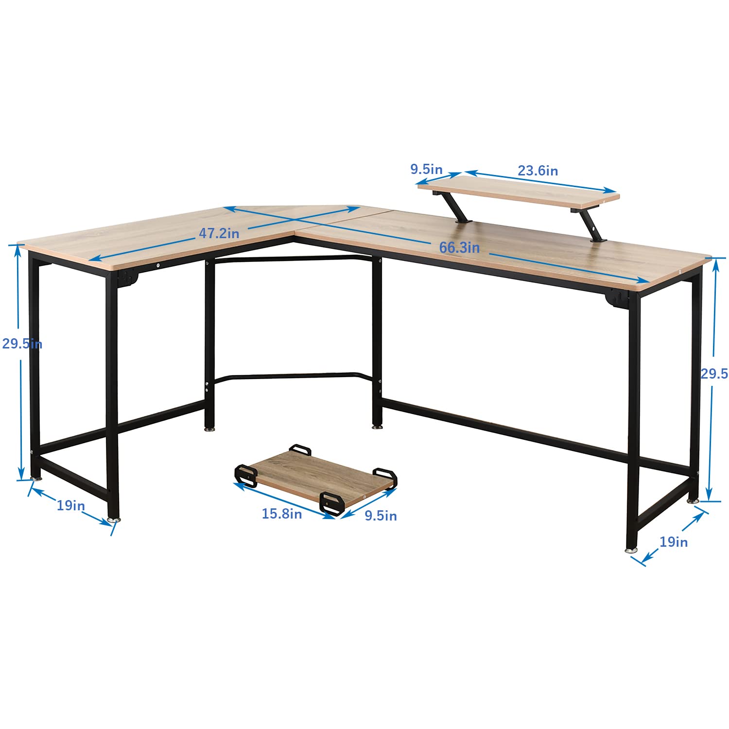 L-Shaped Computer Study Corner Desk with Monitor Stand Shelf CPU Stand, PC Laptop Gaming Desk 66” Workstation for Home Office Writing Table, Wood & Metal, Space-Saving