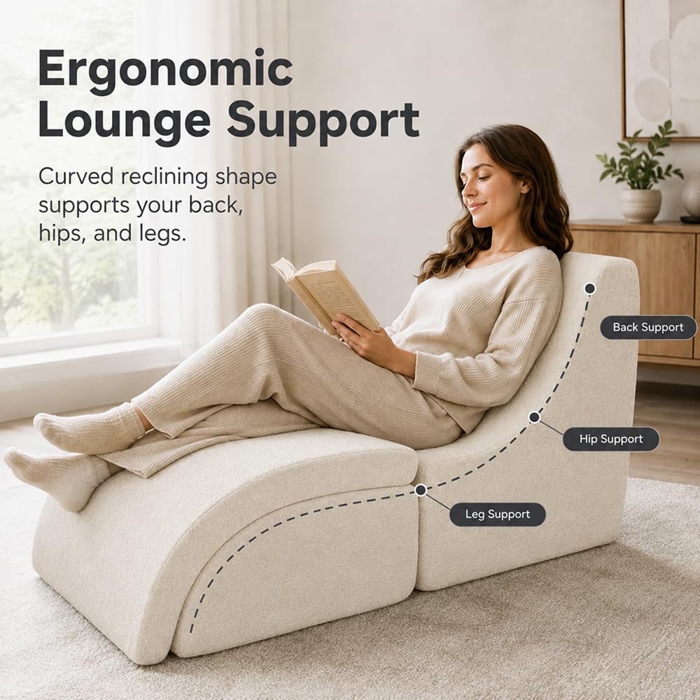 NeoNook 3-in-1 Convertible Chaise Lounge Chair with Curved Back, Chenille Armless Boneless Floor Sofa, Comfortable Lazy Chair Reading Chair for Bedroom, Living Room (White)