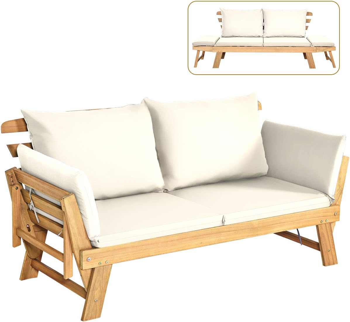 Acacia Wood Outdoor Daybed with Adjustable Armrests & Cushions
