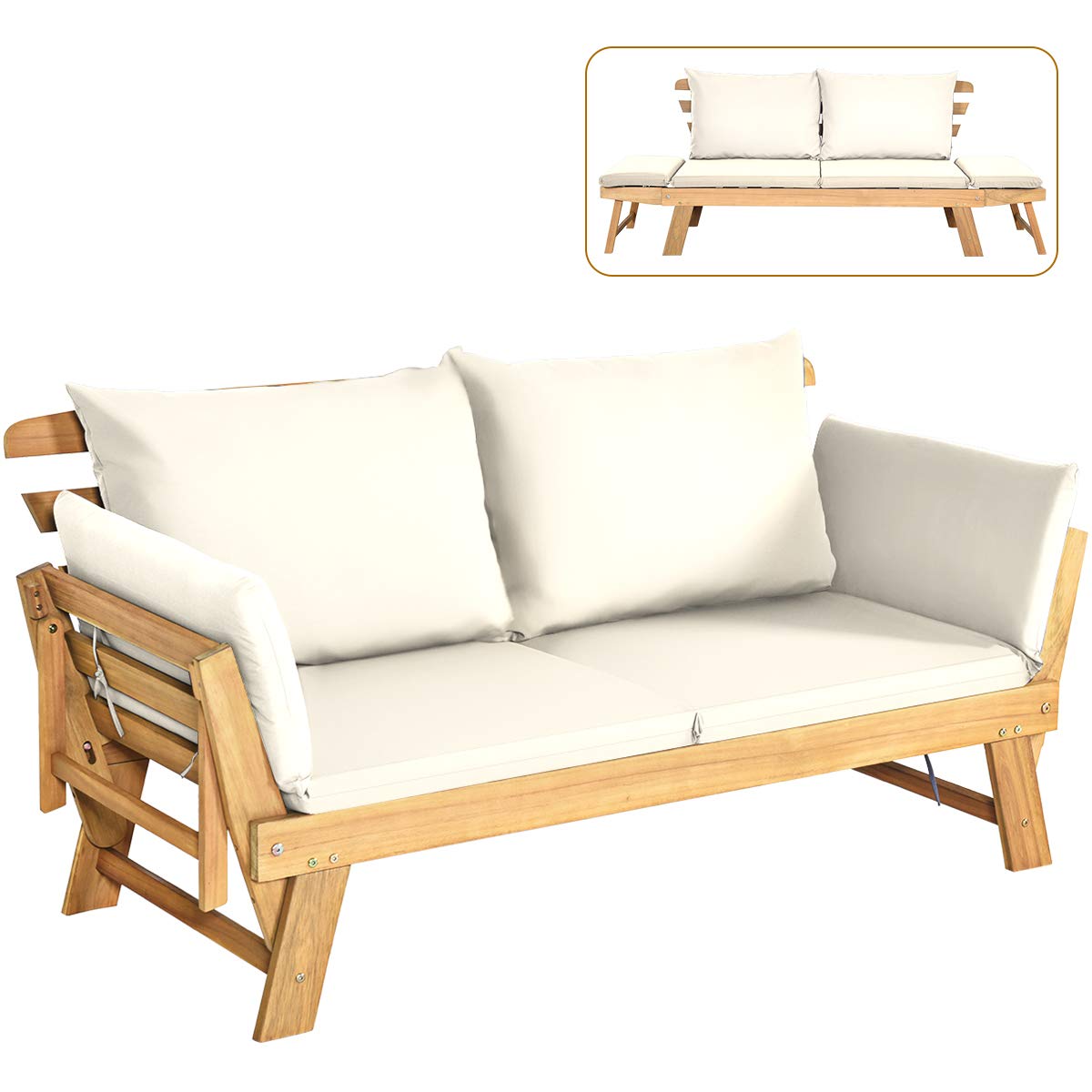 Acacia Wood Outdoor Daybed with Adjustable Armrests & Cushions