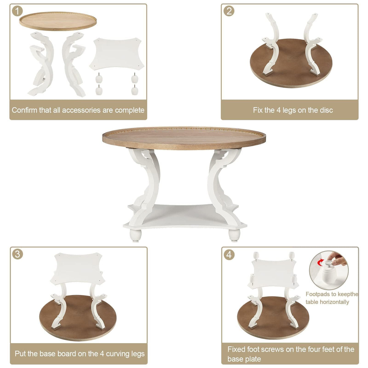 Wnutrees Farmhouse Round Coffee Table, Wood Tray Top with Storage Shelf