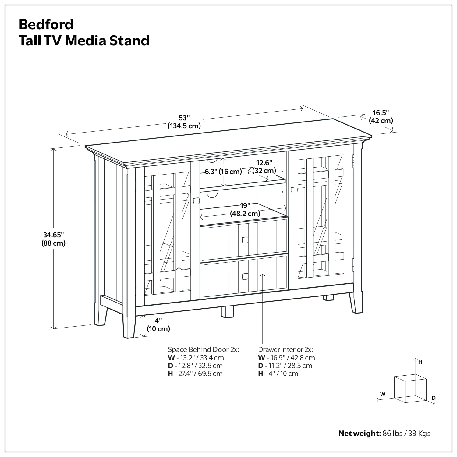 SIMPLIHOME Bedford TV Stand - 53 inch Wide Solid Wood Tall Media Console in Dark Tobacco Brown, Transitional Entertainment Center for Living Room for TVs up to 60 Inches with Cable Management